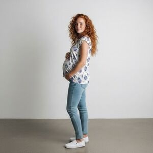 Thyme M Maternity Floral Print Faux Wrap Top Short Sleeve Gathered Waist Women's